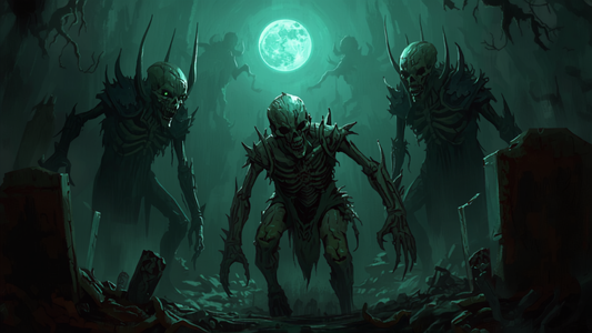 Skjeletter og zombier i en tåkeleg gravplass om natten, fantasy-illustrasjon