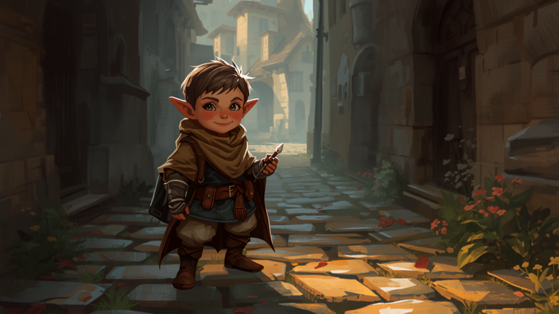 Halfling med kniv på landsbysti, fantasy-illustrasjon