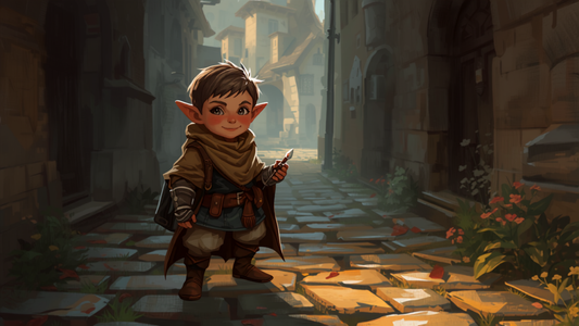 Halfling med kniv på landsbysti, fantasy-illustrasjon
