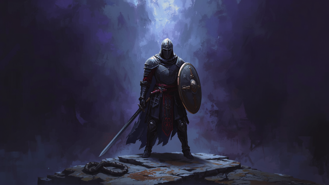 Fighter-kriger med sverd og skjold, fantasy-illustrasjon
