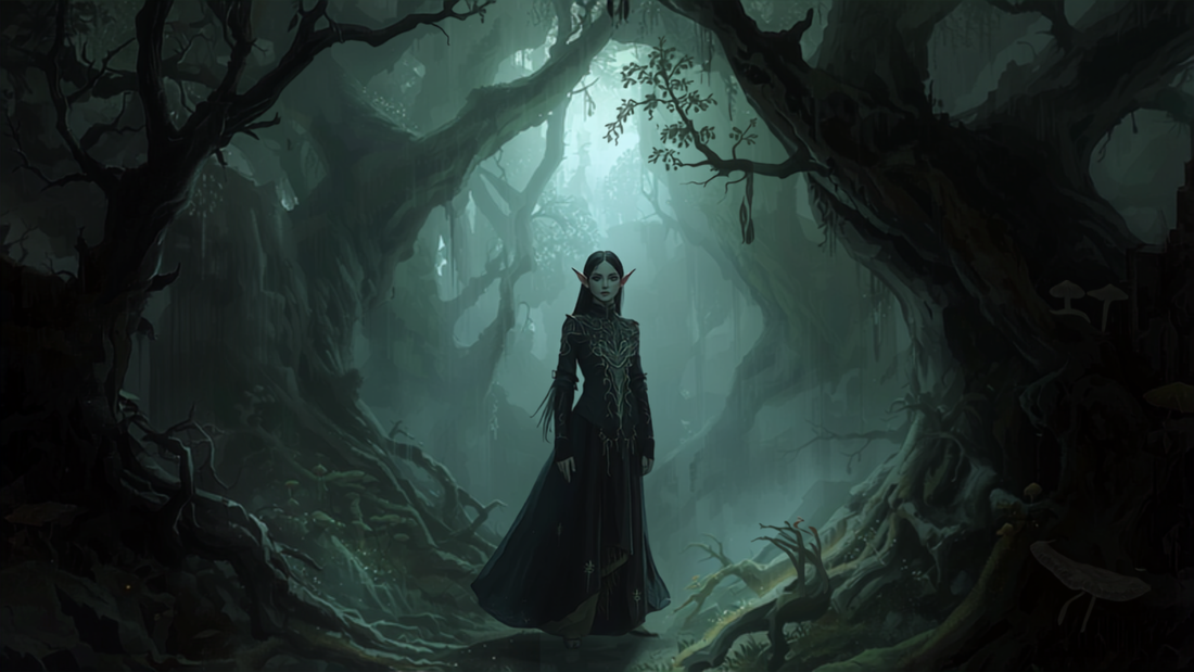 Alv i fortryllet tåkelagt skog, fantasy-illustrasjon