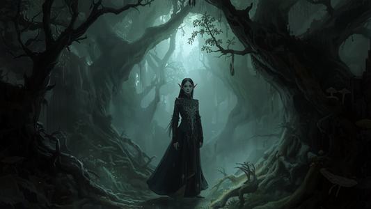 Alv i fortryllet tåkelagt skog, fantasy-illustrasjon