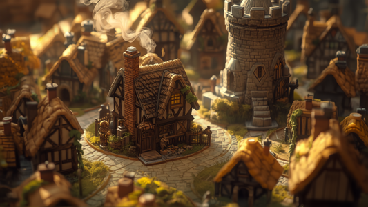 Fantasy-landsby med bygninger som terreng, illustrasjon
