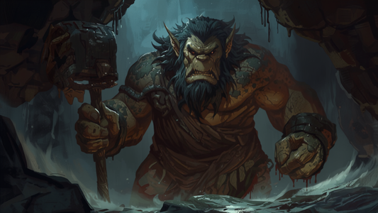 Ogre ved en huleinngang, fantasy-illustrasjon