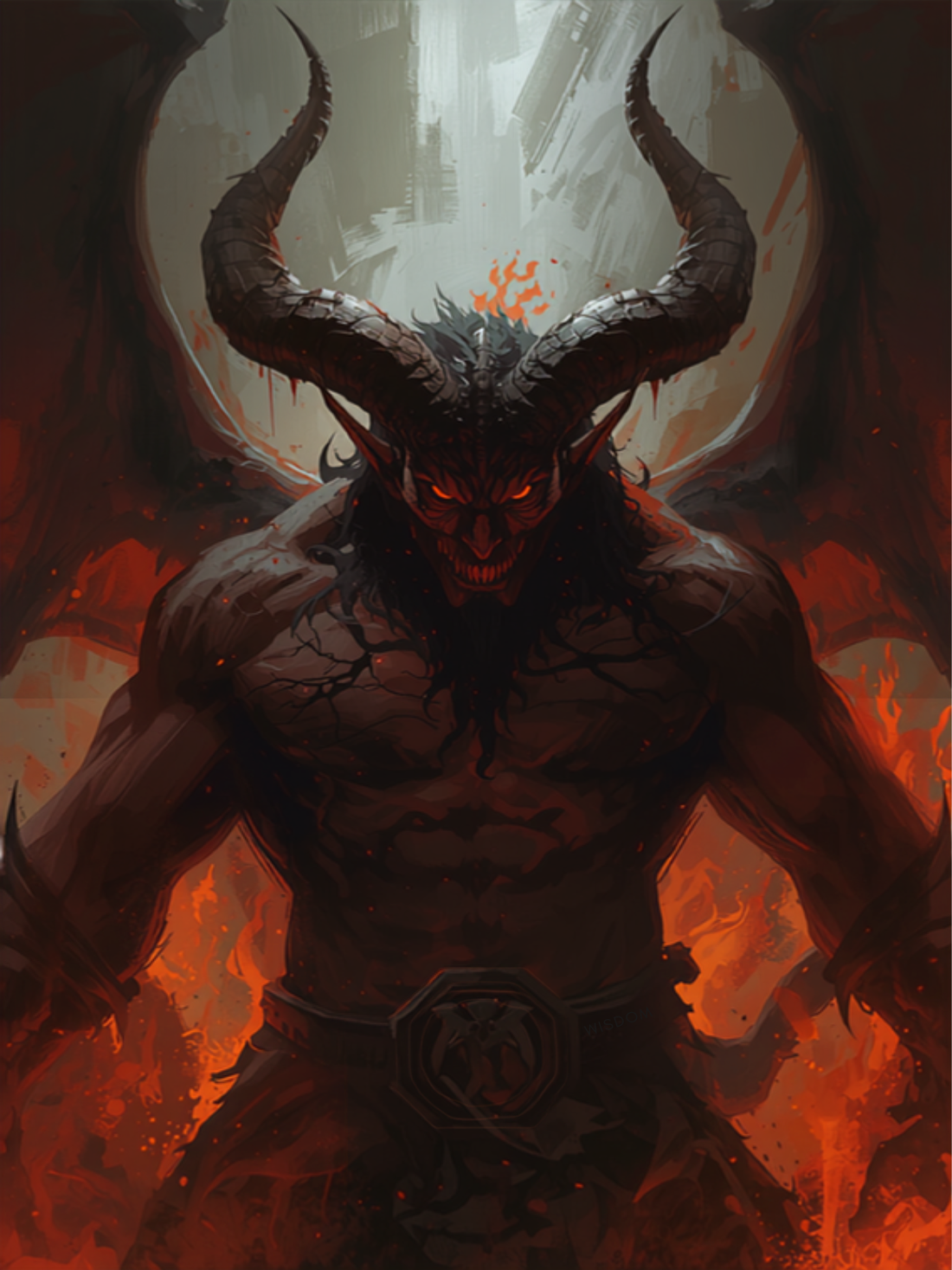 Demonisk bossminiatyr med horn og mørk infernalsk aura, fantasy-illustrasjon