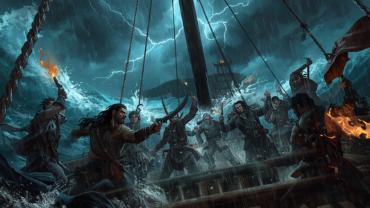 Pirat-encounter på stormfullt hav, fantasy-illustrasjon