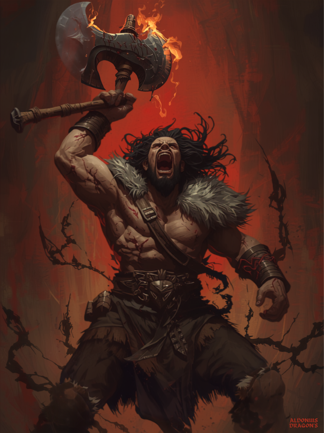 Barbarian-kriger med tung øks og krigsmal i kampstilling, fantasy-illustrasjon