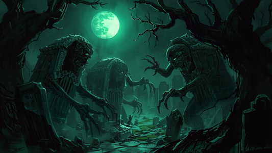 Skjeletter i en tåkelagt gravplass, fantasy-illustrasjon