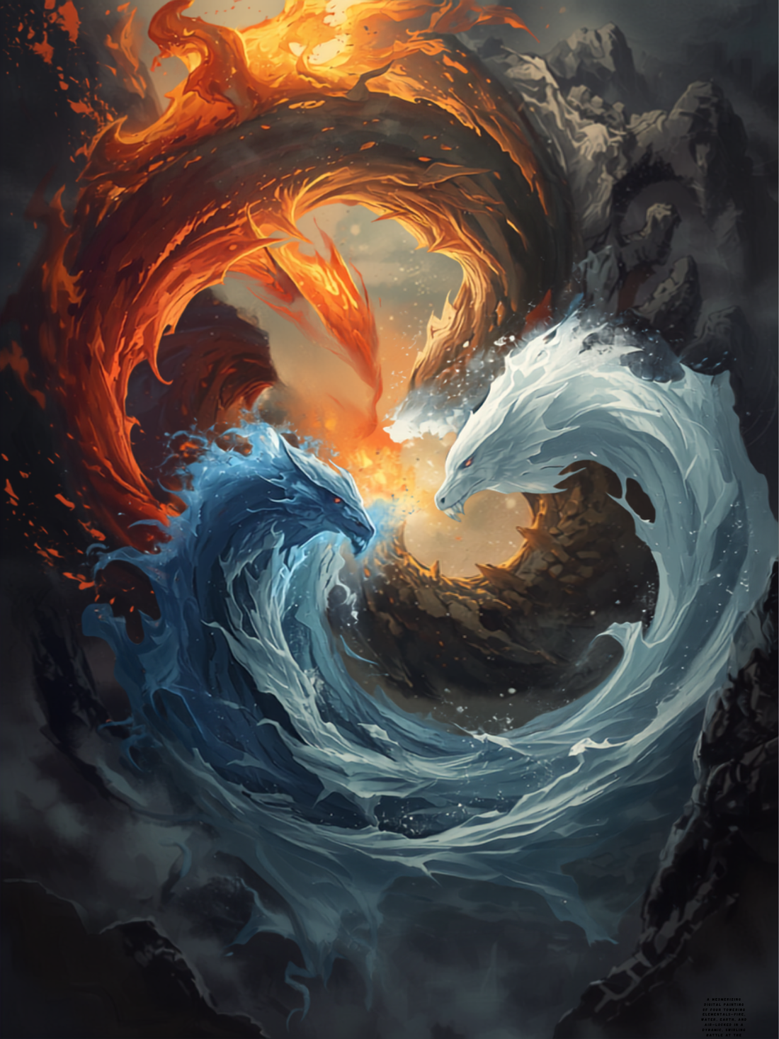 Elementaler av ild, vann, jord og luft representert i dynamisk fantasy-illustrasjon