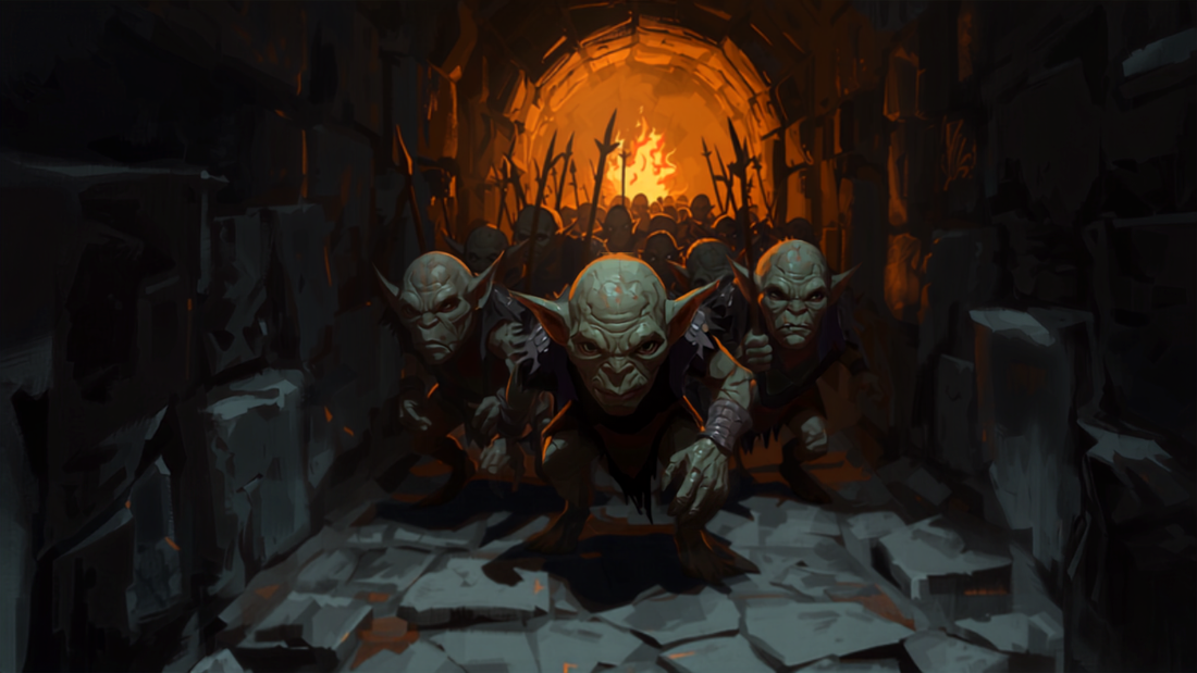 Goblinkrigere i bakhold i en mørk dungeon-korridor, fantasy-illustrasjon