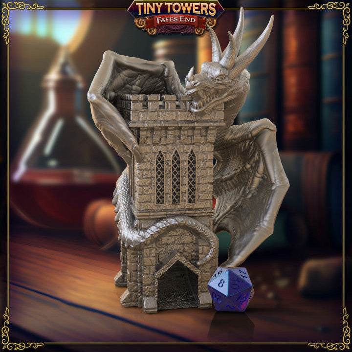 3D-printet terningtårn som fantasy-slott med mimic-tunge ved porten i grå PLA til D&D.