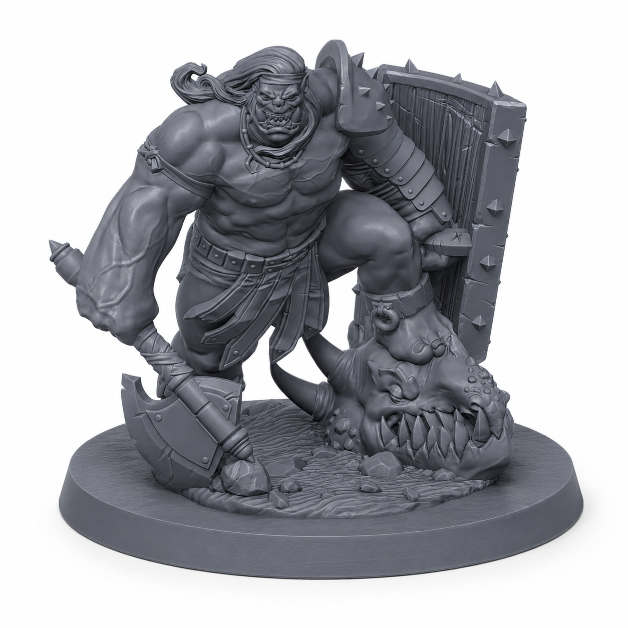 3D-printet orkisk arena-boss med massiv øks, stort skjold og kampklar positur i grå PLA til D&D og Pathfinder.