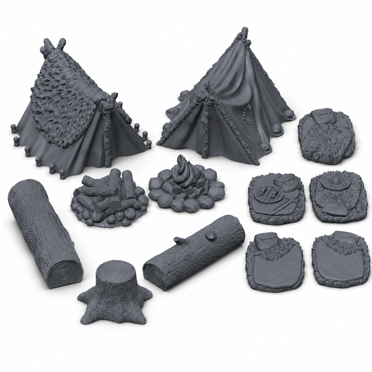 3D-printet leirplasssett med telt, soveposer, bålsteder og trestubber i grå PLA til D&D og Pathfinder.