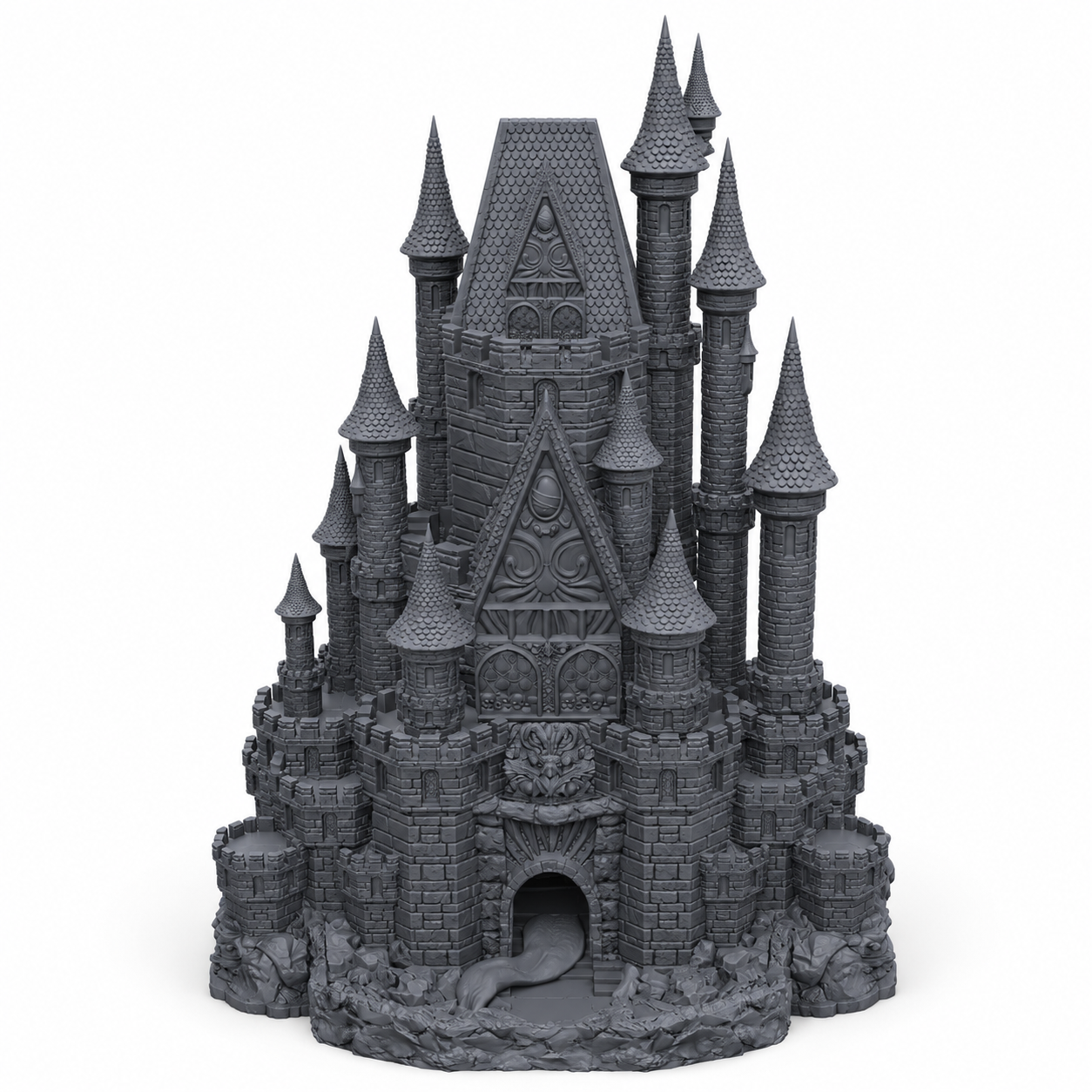 3D-printet terningtårn som fantasy-slott med mimic-tunge ved porten i grå PLA til D&D.