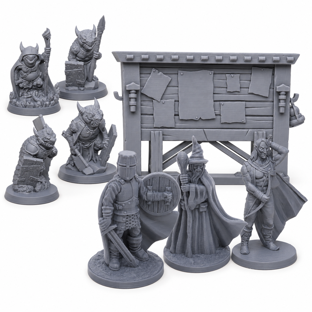 3D-printet eventyrsett med tre helter, fire kobolder og oppdragstavle i grå PLA til D&D og Pathfinder.
