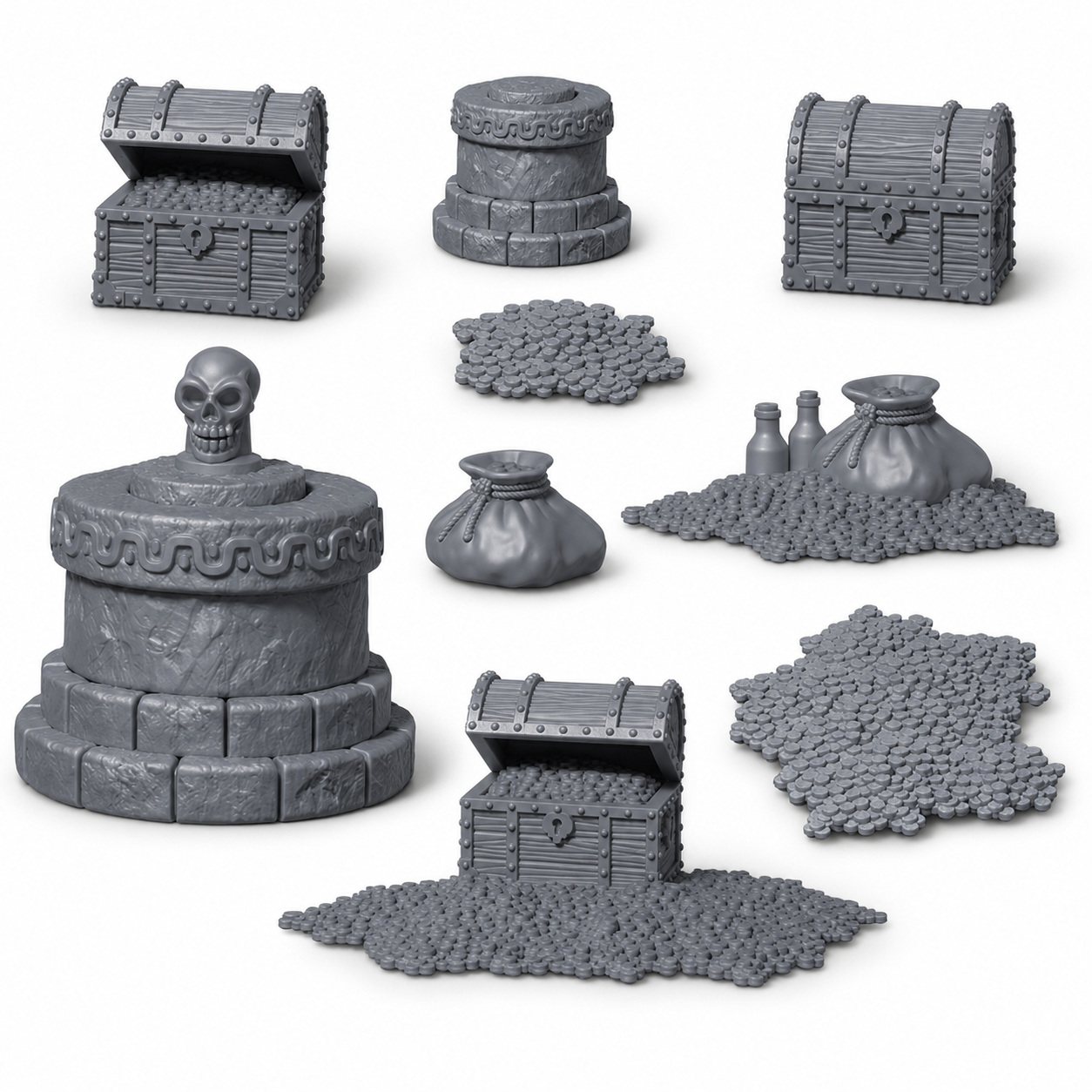 3D-printet skattkammerrekvisitter med kister, mynter, sekker og hodeskalle-pidestall i grå PLA til D&D og Pathfinder.
