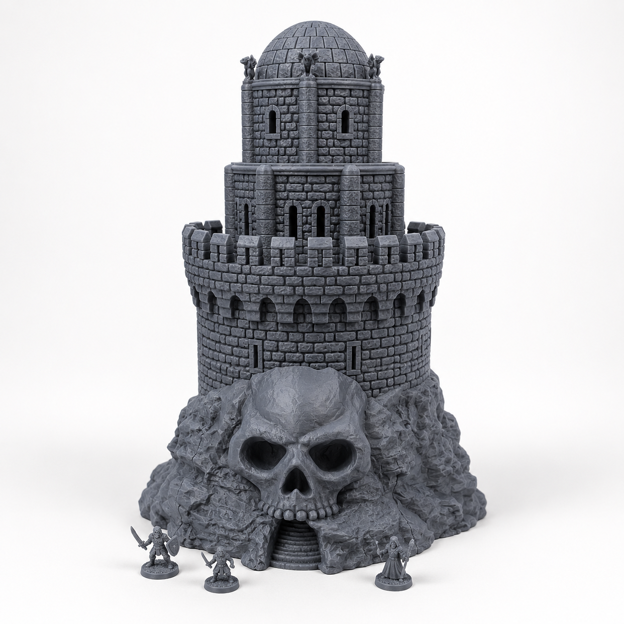 Dødningklippen, stort modulært terrengtårn med hodeskallebase, steinmurer og kuppeltak til D&D og tabletop-rollespill