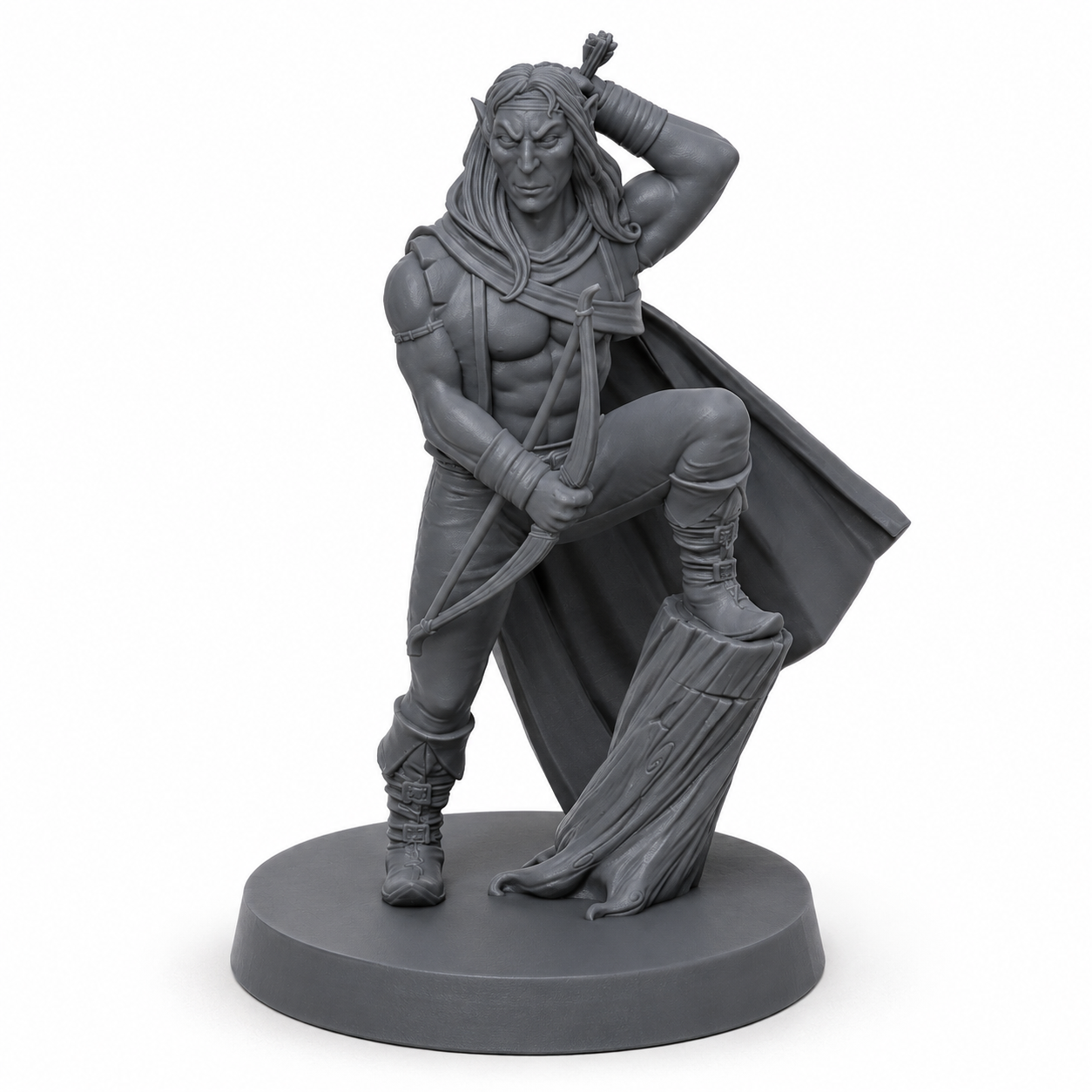 3D-printet Alveranger II med bue, kappe og hvilende speiderpositur i grå PLA til D&D og tabletop-rollespill.