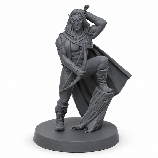 3D-printet Alveranger II med bue, kappe og hvilende speiderpositur i grå PLA til D&D og tabletop-rollespill.