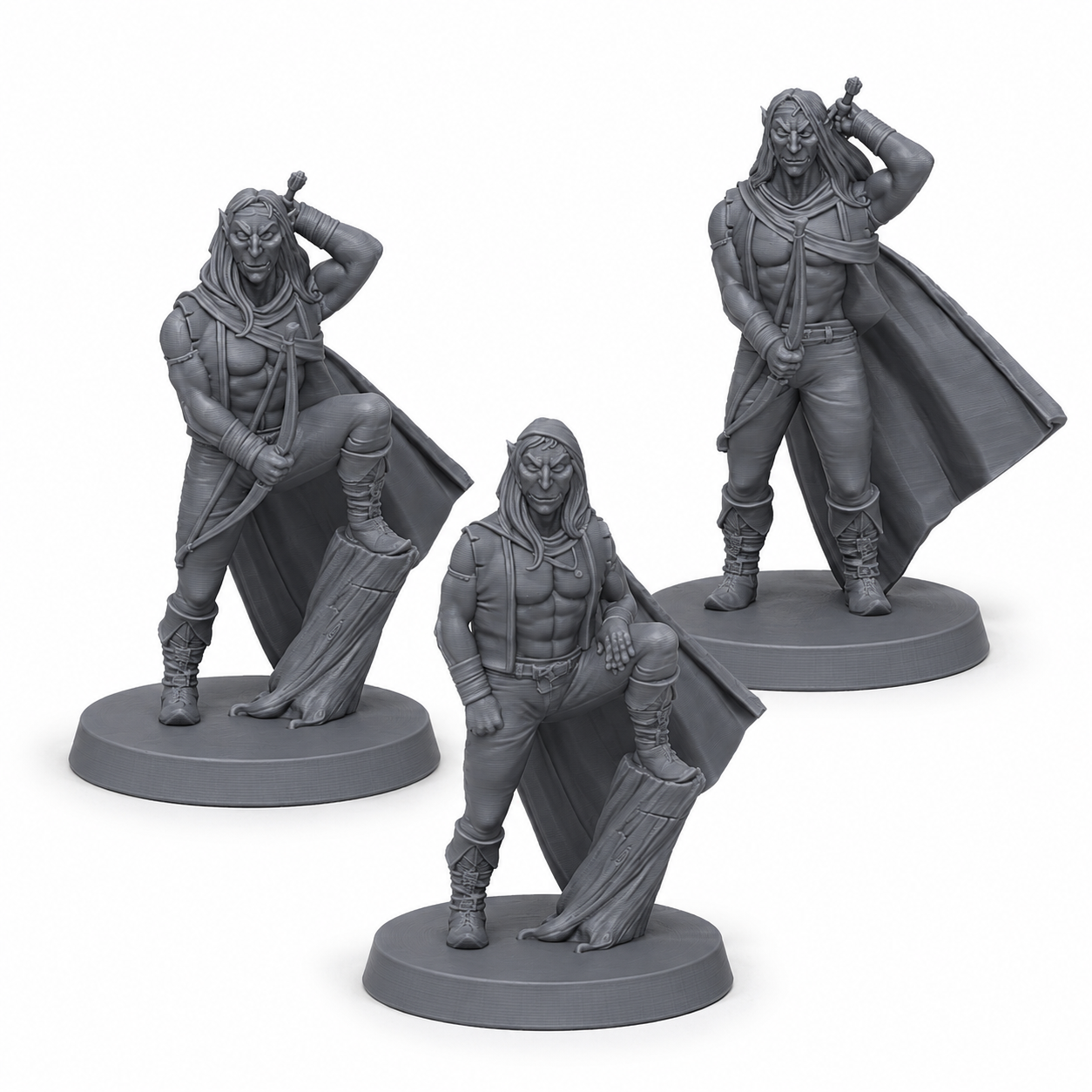 3D-printet Alverangere miniatyrsett med tre elviske skogsspeidere i grå PLA til D&D og tabletop-rollespill.