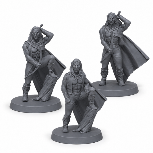 3D-printet Alverangere miniatyrsett med tre elviske skogsspeidere i grå PLA til D&D og tabletop-rollespill.