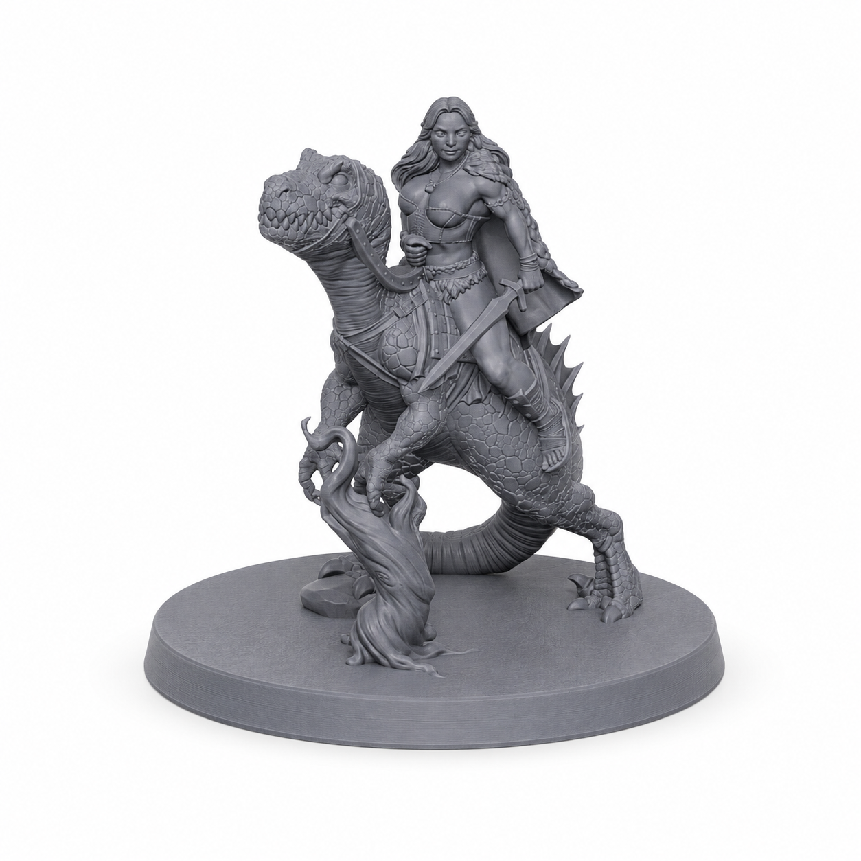 3D-printet Amazon Raptor Rider på raptor mount i grå PLA til D&D og tabletop-rollespill.