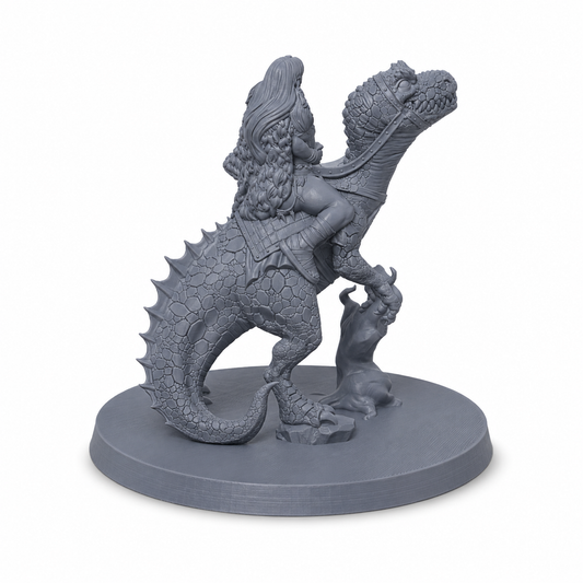 3D-printet Amazon Raptor Rider på raptor mount i grå PLA til D&D og tabletop-rollespill.