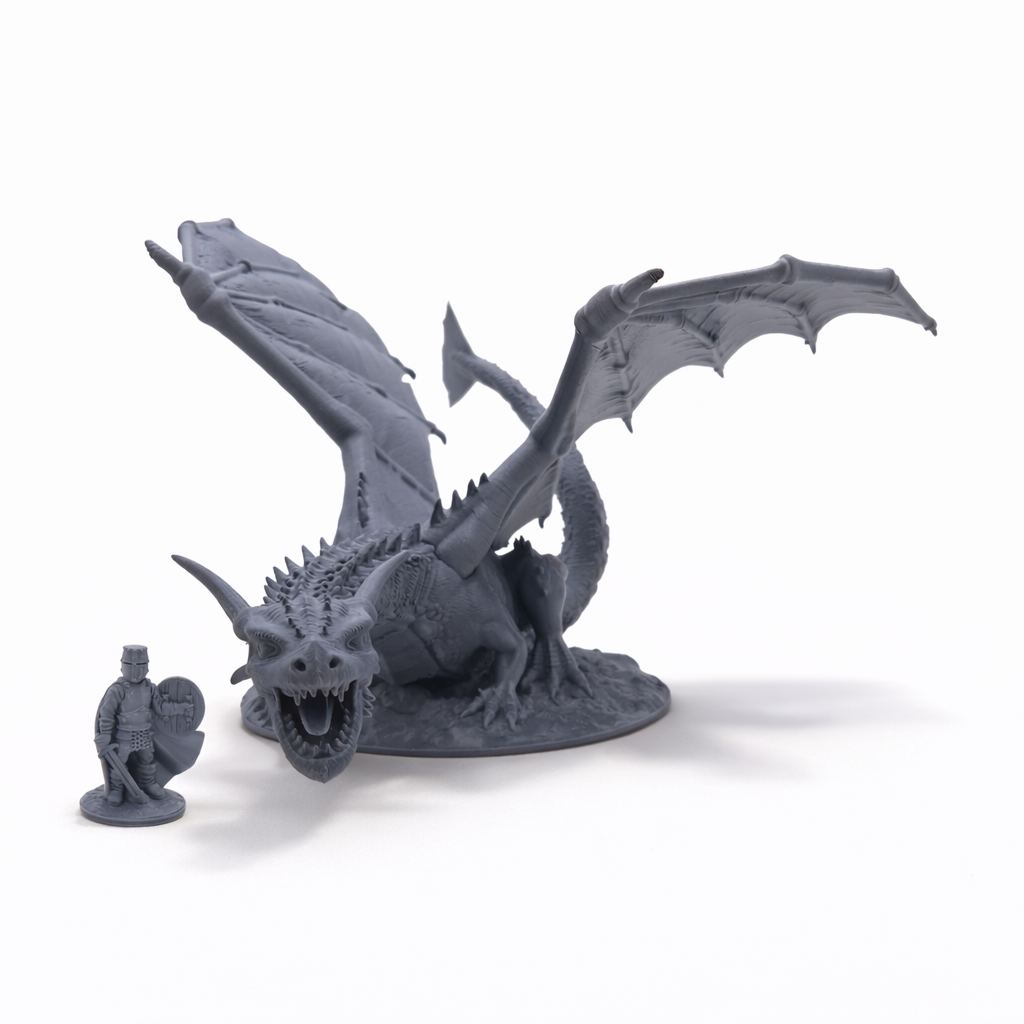 Ancient Dragon – stor drage-miniatyr i grå PLA til D&D og tabletop-rollespill, alternativ vinkel.