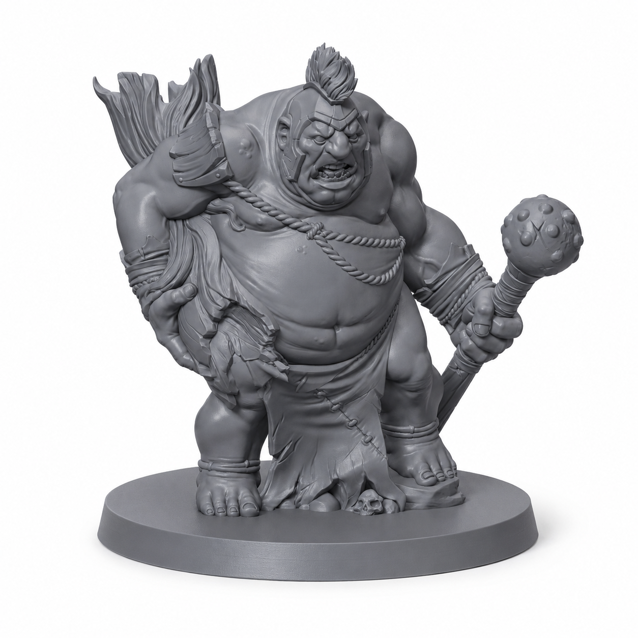 3D-printet Arena Ogre med kølle i grå PLA til D&D og tabletop-rollespill.