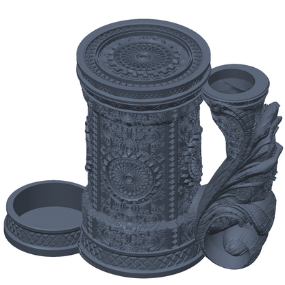 3D-printet grått Artificer eventyrkrus med tannhjulsmotiv, skrulokk og integrert dice tower til D&D og tabletop-rollespill.