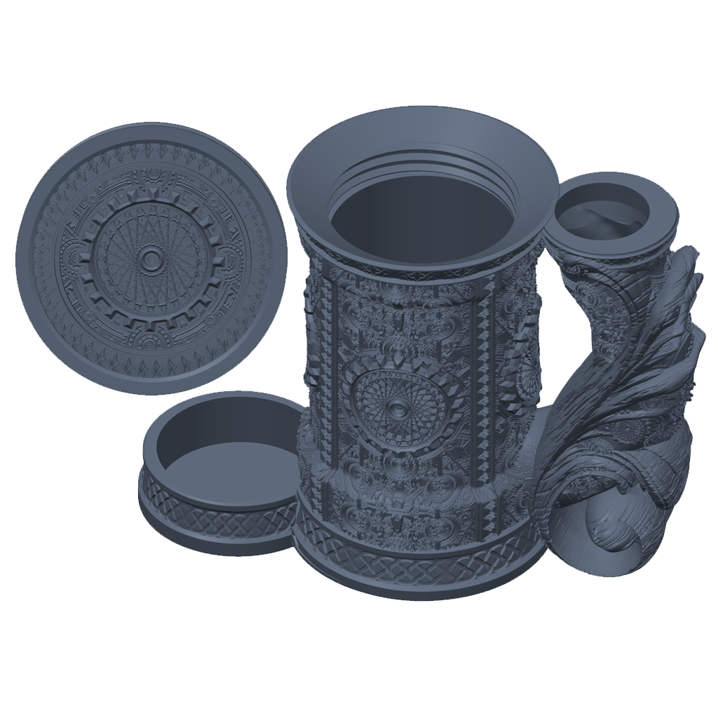 3D-printet grått Artificer eventyrkrus med tannhjulsmotiv, skrulokk og integrert dice tower til D&D og tabletop-rollespill.