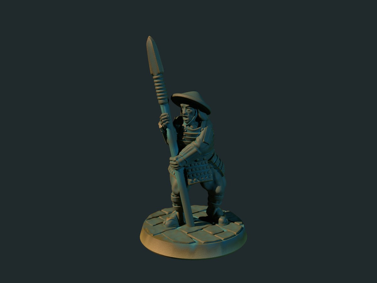 Ashigaru spydmann 1, 3D-printet D&D-miniatyr fra Spillsmia.