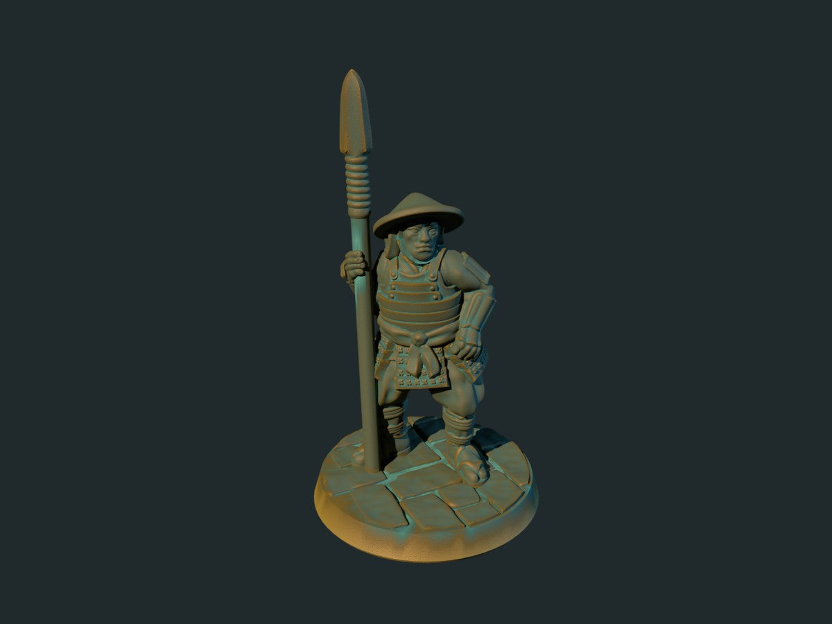 Ashigaru spydmann 2, 3D-printet D&D-miniatyr fra Spillsmia.