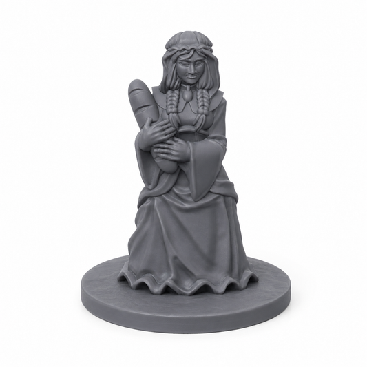 3D-printet bakerlærling med brød, kjole og flette i grå PLA til D&D og tabletop-rollespill.