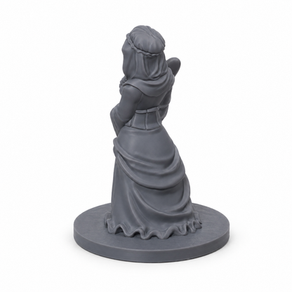 3D-printet bakerlærling med brød, kjole og flette i grå PLA til D&D og tabletop-rollespill.