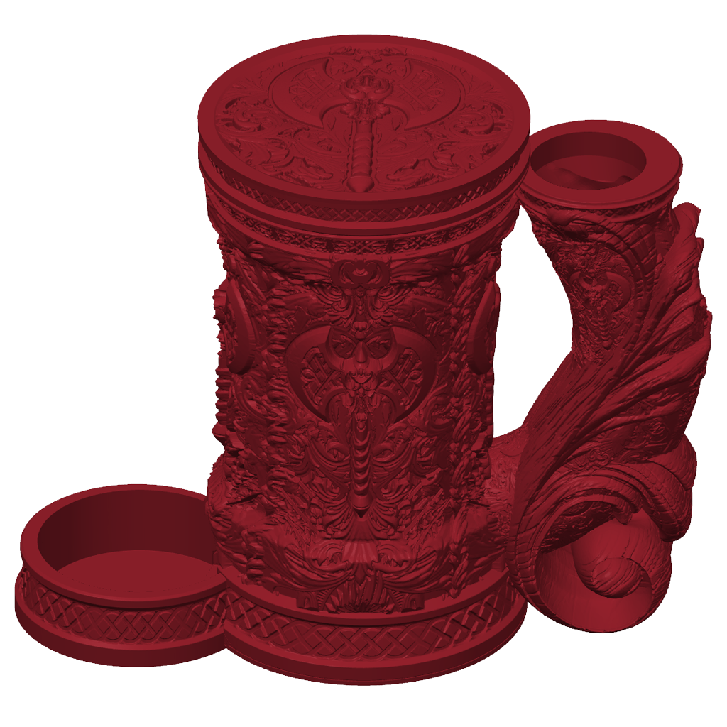 3D-printet rødt Barbarian eventyrkrus med skrulokk, detaljert barbarian-design og integrert dice tower til D&D og tabletop-rollespill.