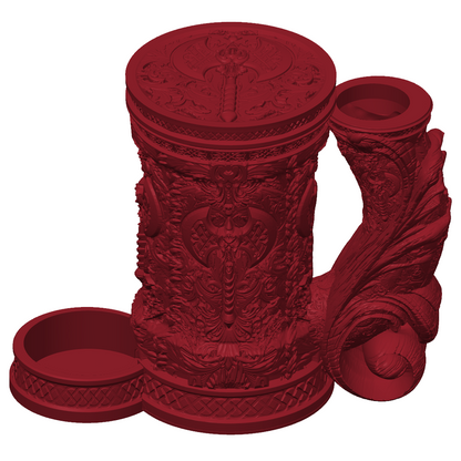3D-printet rødt Barbarian eventyrkrus med skrulokk, detaljert barbarian-design og integrert dice tower til D&D og tabletop-rollespill.
