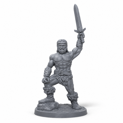 Tre barbarer bevæpnet med sverd, spyd og øks, 3D-printet D&D-miniatyrsett fra Spillsmia.