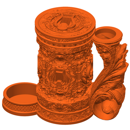 3D-printet oransje Bard eventyrkrus med bard-design, skrulokk og integrert dice tower til D&D og tabletop-rollespill.