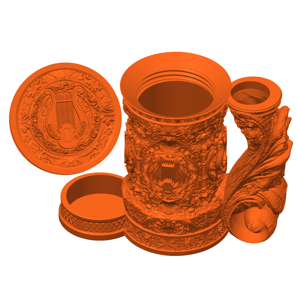 3D-printet oransje Bard eventyrkrus med bard-design, skrulokk og integrert dice tower til D&D og tabletop-rollespill.