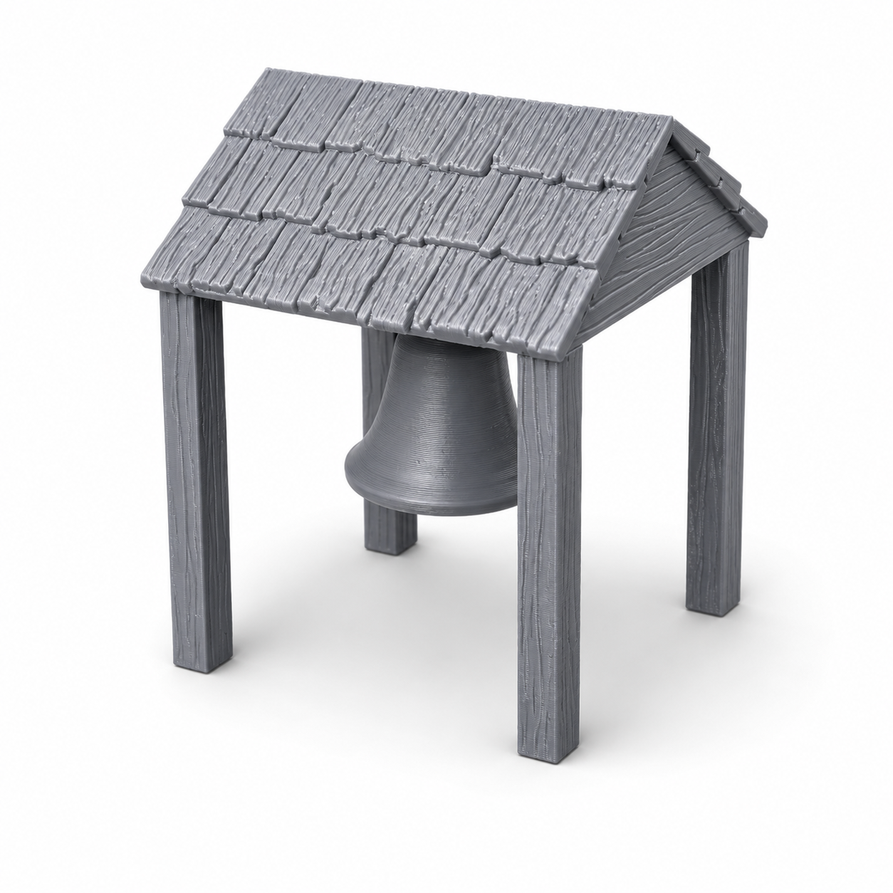 3D-printet klokketårn med klokke under tak – terreng til D&D og rollespill.