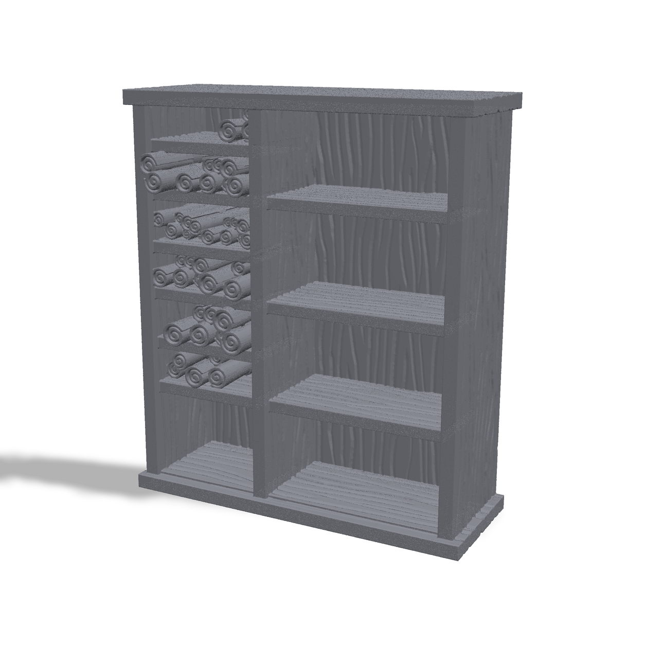 3D-printet bokhylle med bokruller – interiørrekvisitt til bibliotek og magikertårn i D&D.