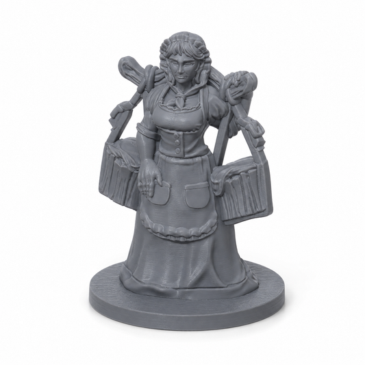 3D-printet Budeie med melkespann til D&D, Pathfinder og tabletop-rollespill. Perfekt som dairymaid, gårdsarbeider, seterjente eller NPC.