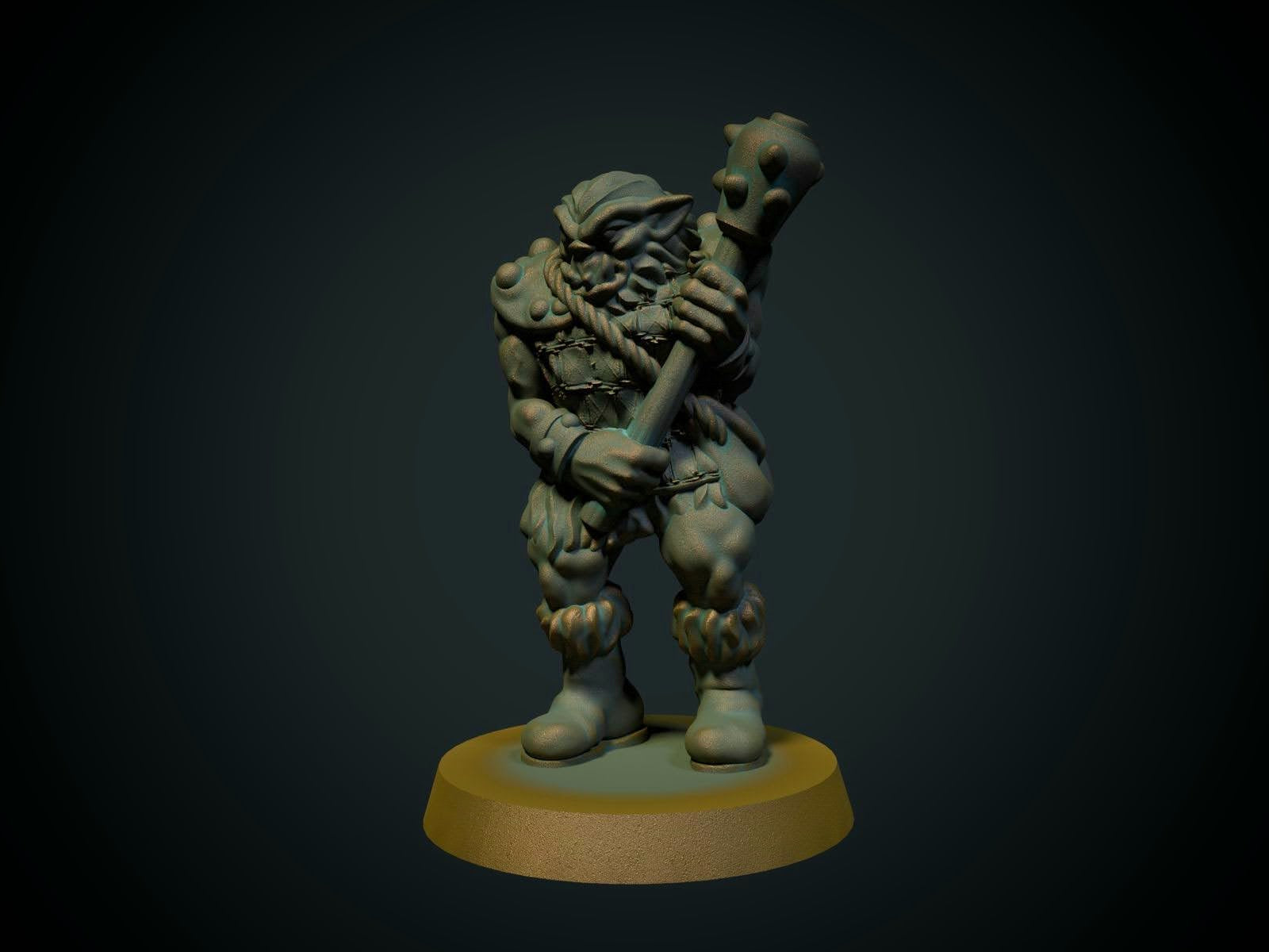 Bugbear med klubbe, 3D-printet D&D-miniatyr fra Spillsmia.