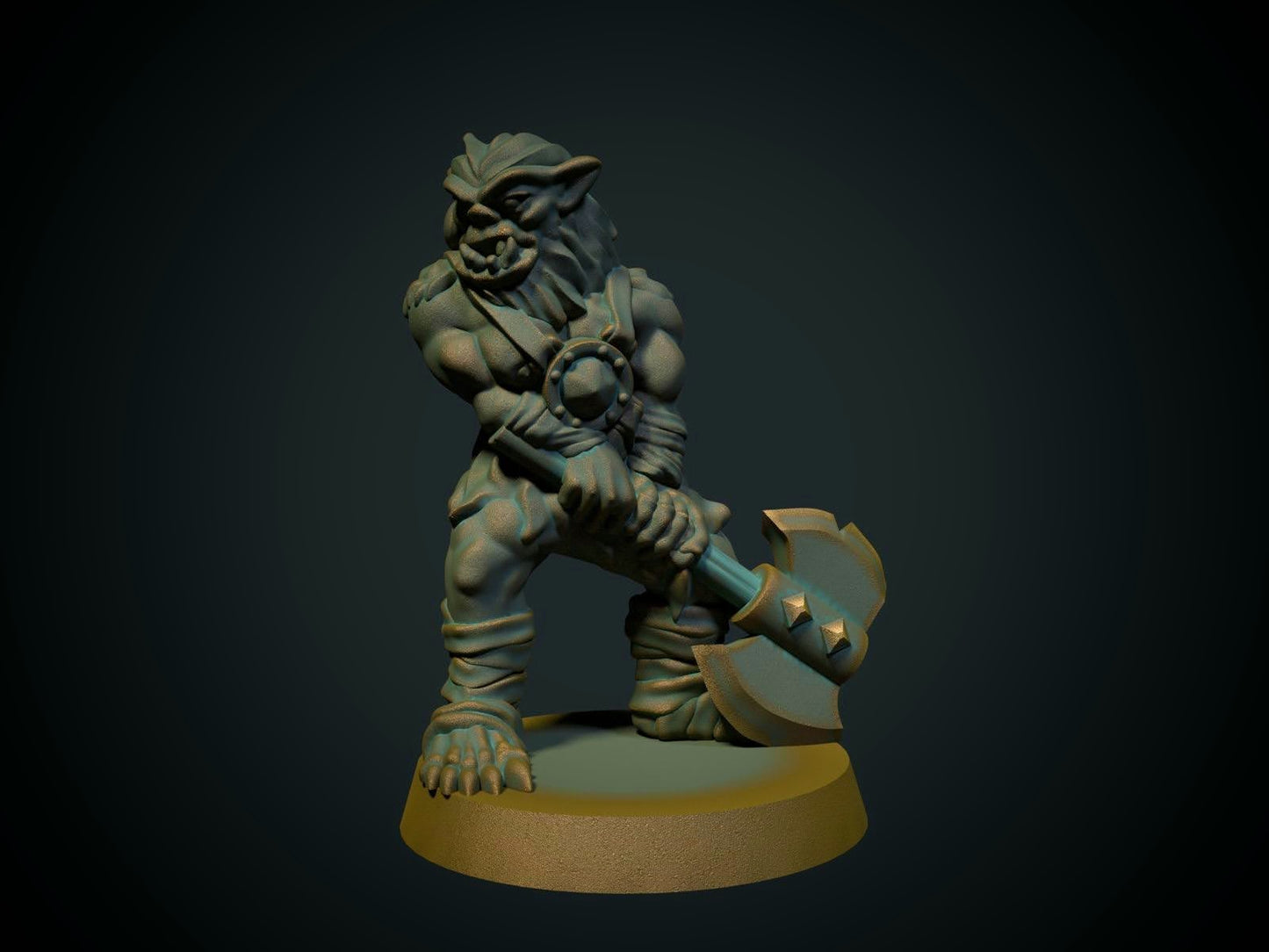 Bugbear med øks, 3D-printet D&D-miniatyr fra Spillsmia.