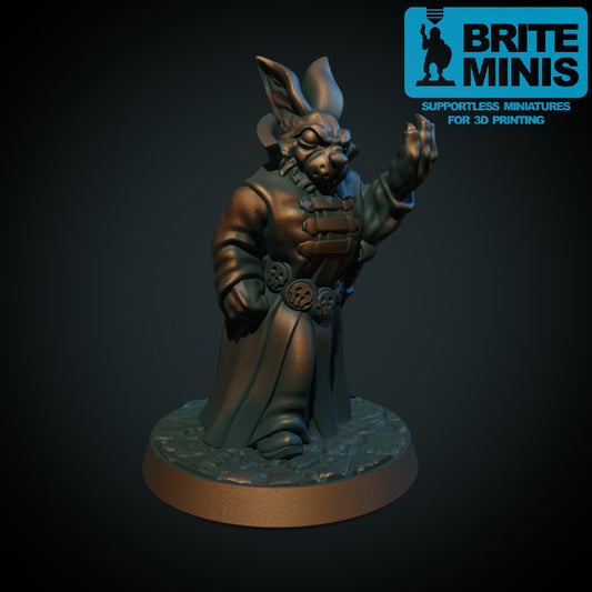 Fire dyrefolk-eventyrere: kanintrollmann, tanuki-trollmann, røyskattyv og ulvefolk med spyd, 3D-printet D&D-miniatyrsett fra Spillsmia.