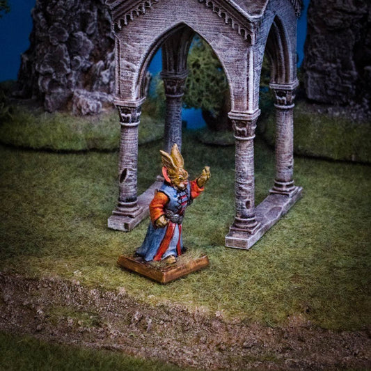 Kaninfolk magiker, 3D-printet D&D-miniatyr fra Spillsmia.