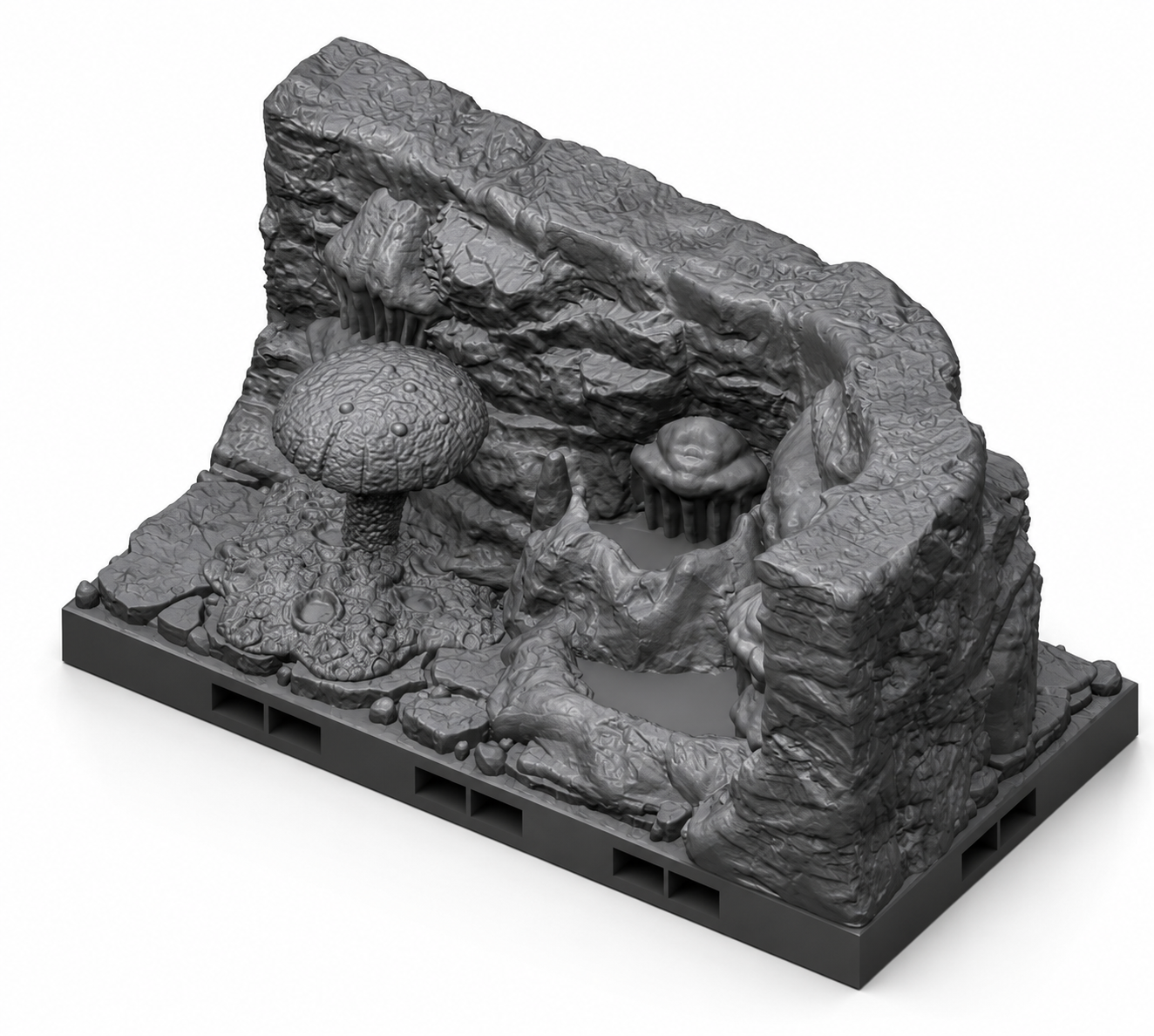 Modulær hulevegg 2x4 A med soppdam og dryppstein – 3D-printet terreng til D&D.