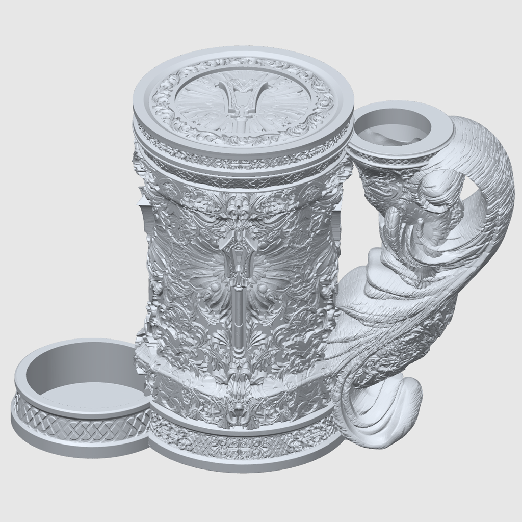 3D-printet hvitt Cleric eventyrkrus med hellig symbolikk, skrulokk og integrert dice tower til D&D og tabletop-rollespill.