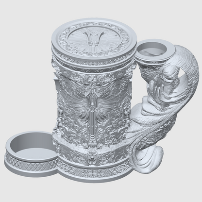 3D-printet hvitt Cleric eventyrkrus med hellig symbolikk, skrulokk og integrert dice tower til D&D og tabletop-rollespill.